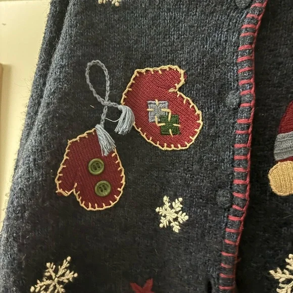 VTG Handknit Silk Mohair Cardigan Women's Large Blue Mitten Embroidery Winter - Picture 4 of 6